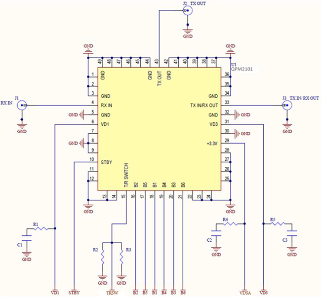 应用电路图 - Qorvo QPM2101 S波段接收VGA模块